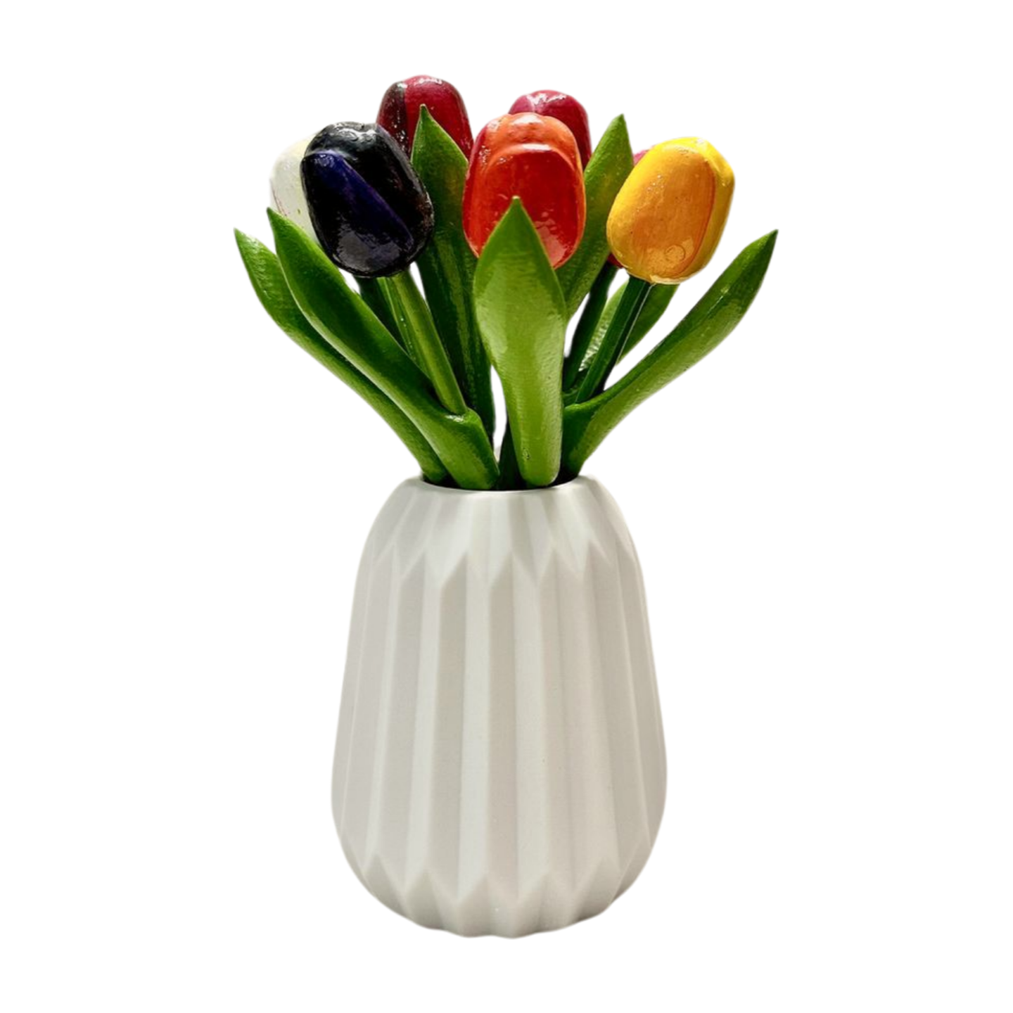 Mini wooden tulip bouquet in a white vase. Vase not included.