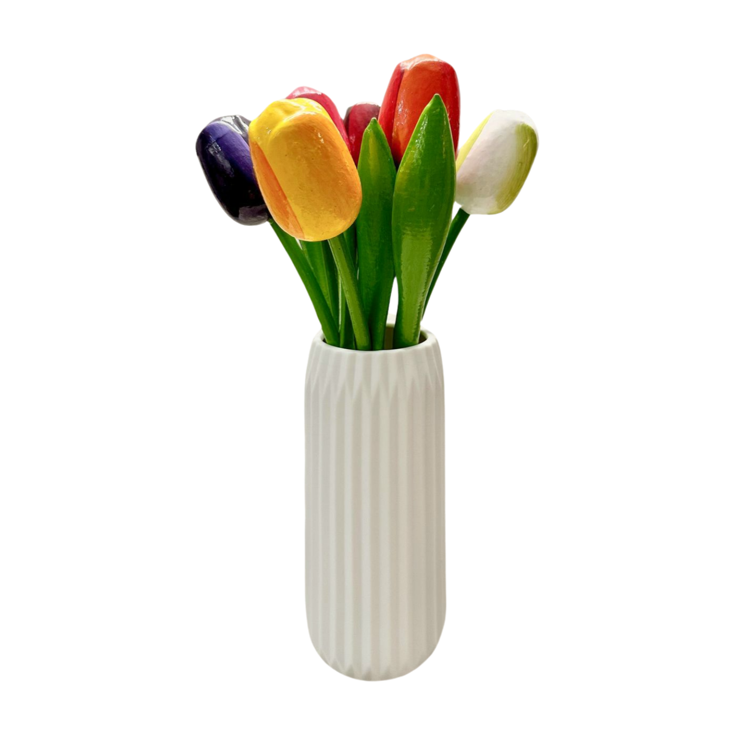 Wooden Dutch Tulips shown here in a vase, with all six color variations.
