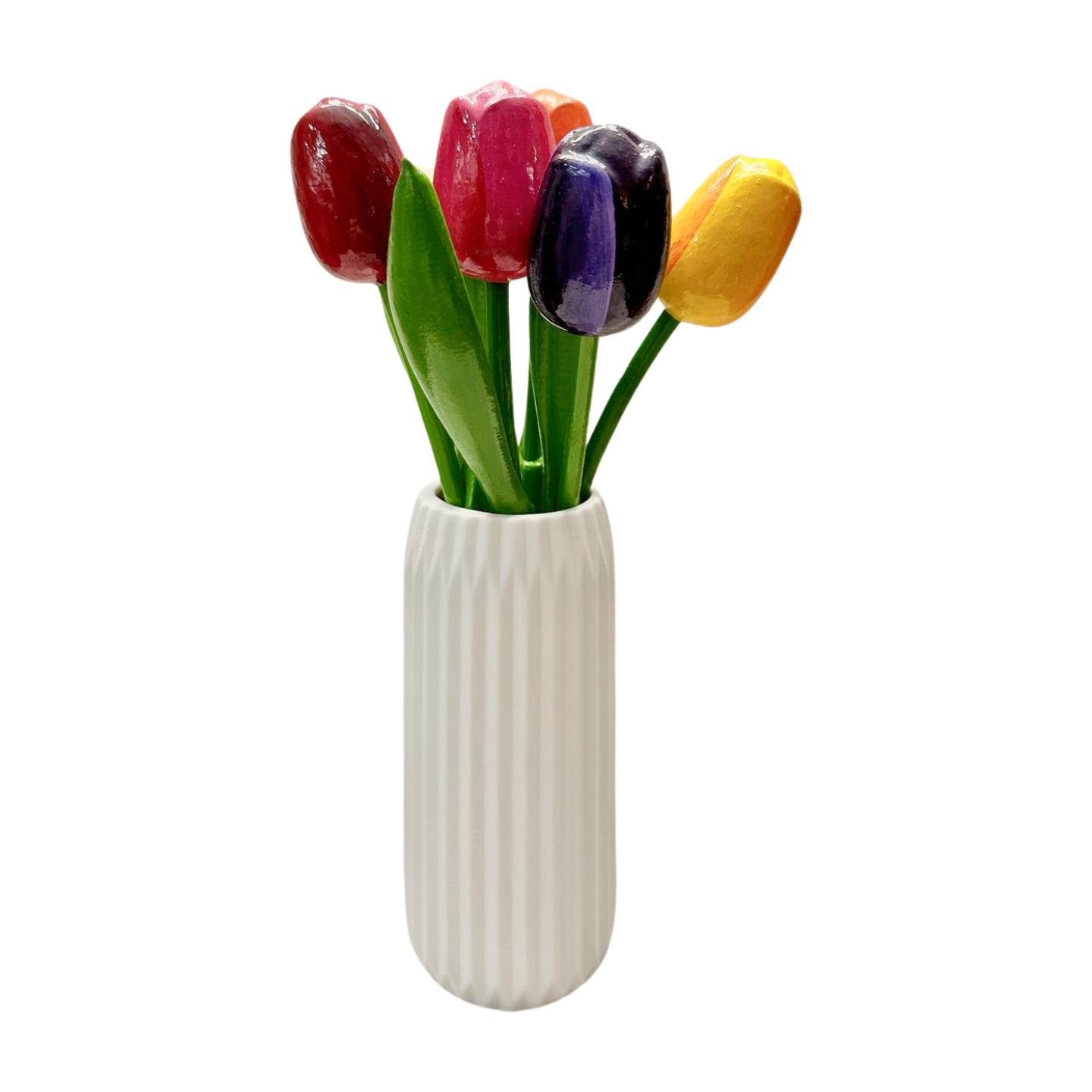 Wooden Dutch Tulips shown here in a vase, with all five of the six color variations.