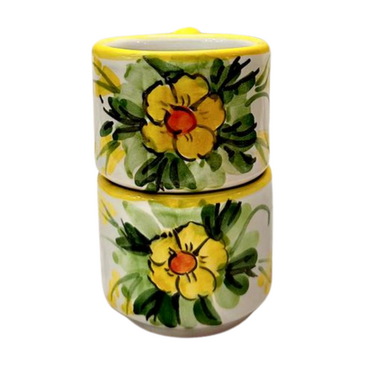 Italian Espresso Cups, set of 2, with yellow flower design. Shown here stacked.