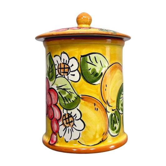 Italian Biscotti Jar, size small, featuring a design of fruit and flowers in a vibrant yellow hue.