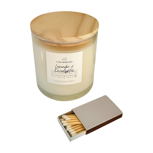 Lavender & Eucalyptus Essential Oils Hand-Poured Coconut Wax Candle by Casa Horatio. Shown with wooden lid.