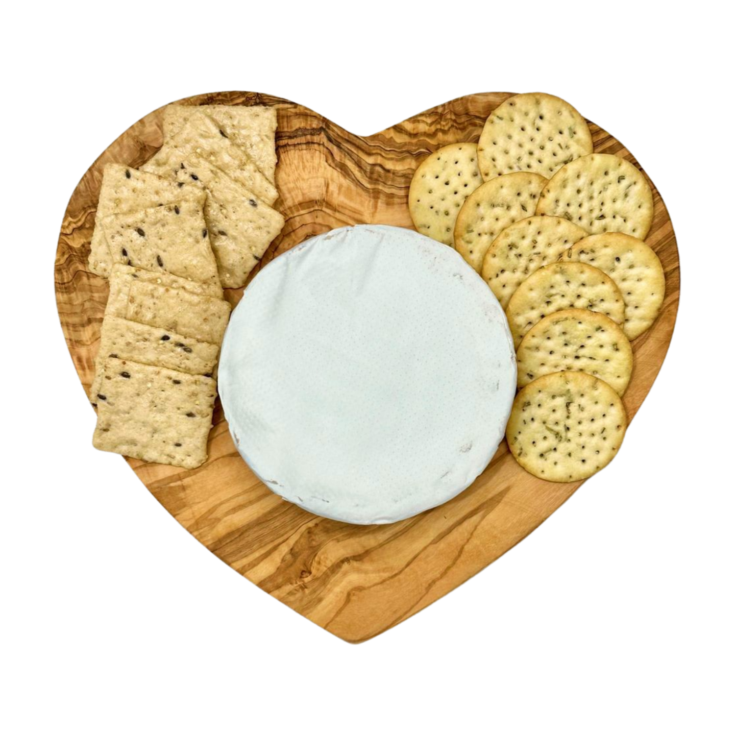 Heart-shaped olive wood charcuterie board pictured with cheese and crackers. Imported from Germany.