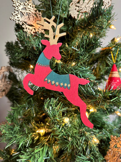 Wooden Reindeer Ornament, red and green design.