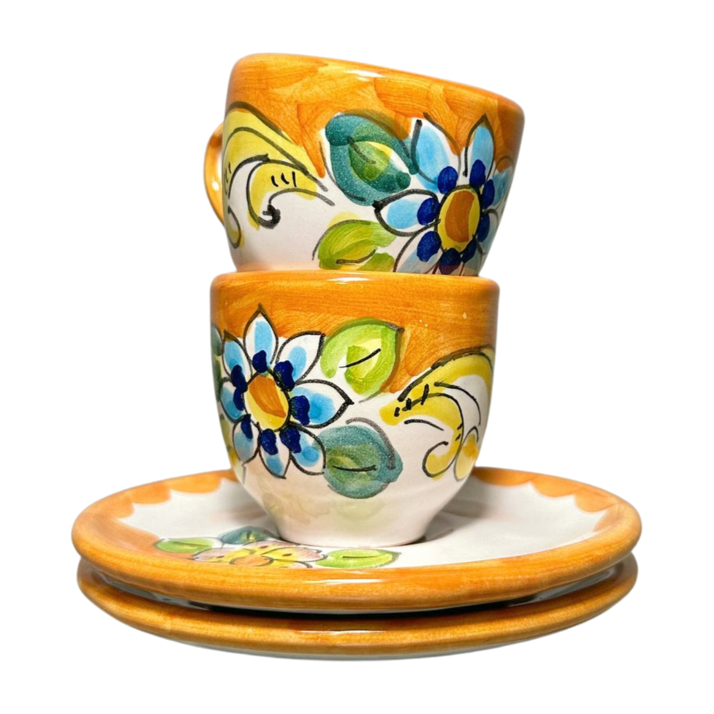 Set of 2 Italian espresso cups and saucers, featuring a blue baroque flower design. Shown here stacked.