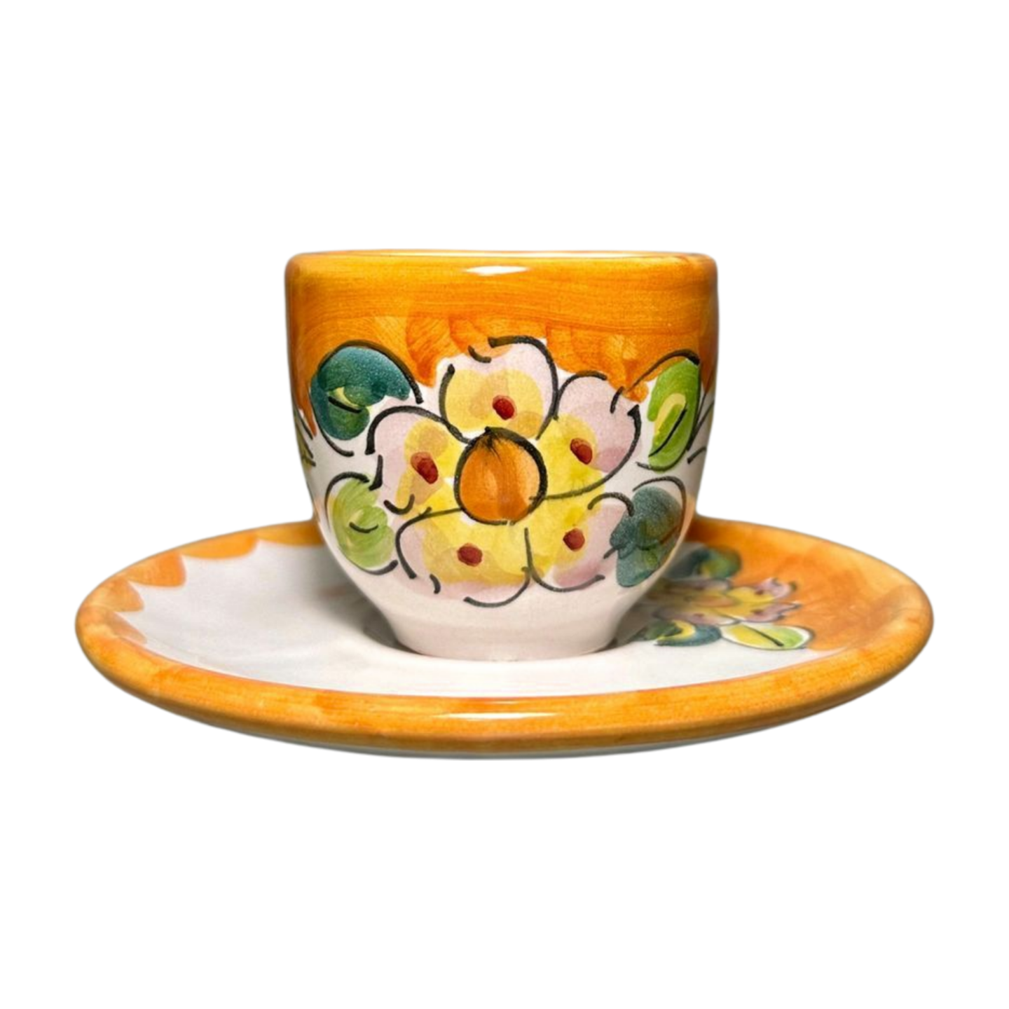 Italian espresso cup and saucer set, featuring a pink baroque flower design.