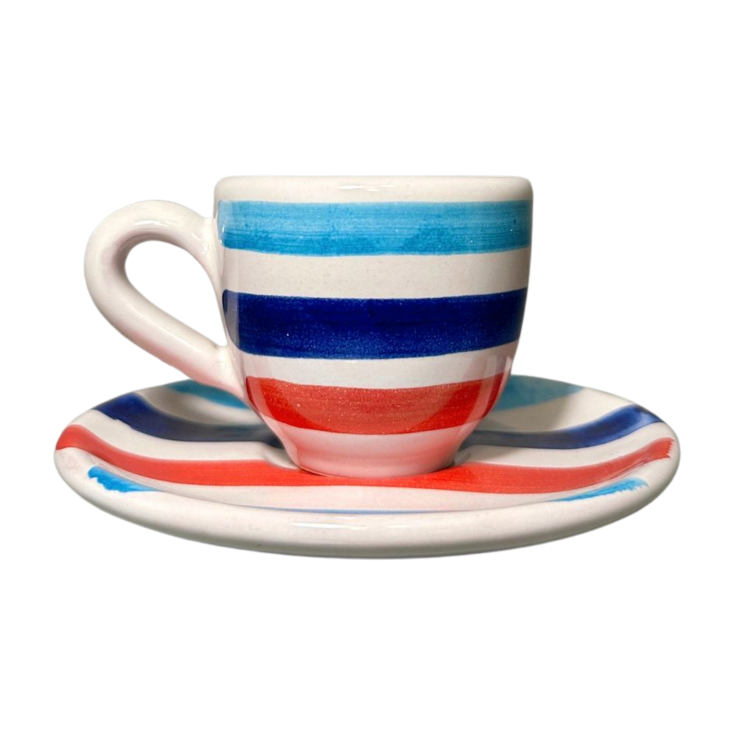 Italian espresso cup and saucer set, featuring a modern blue and red stripe design.