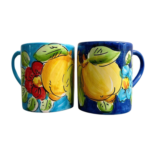 Italian pottery coffee mugs, featuring a lemon and floral design. Shown here in aqua (left) and navy (right).