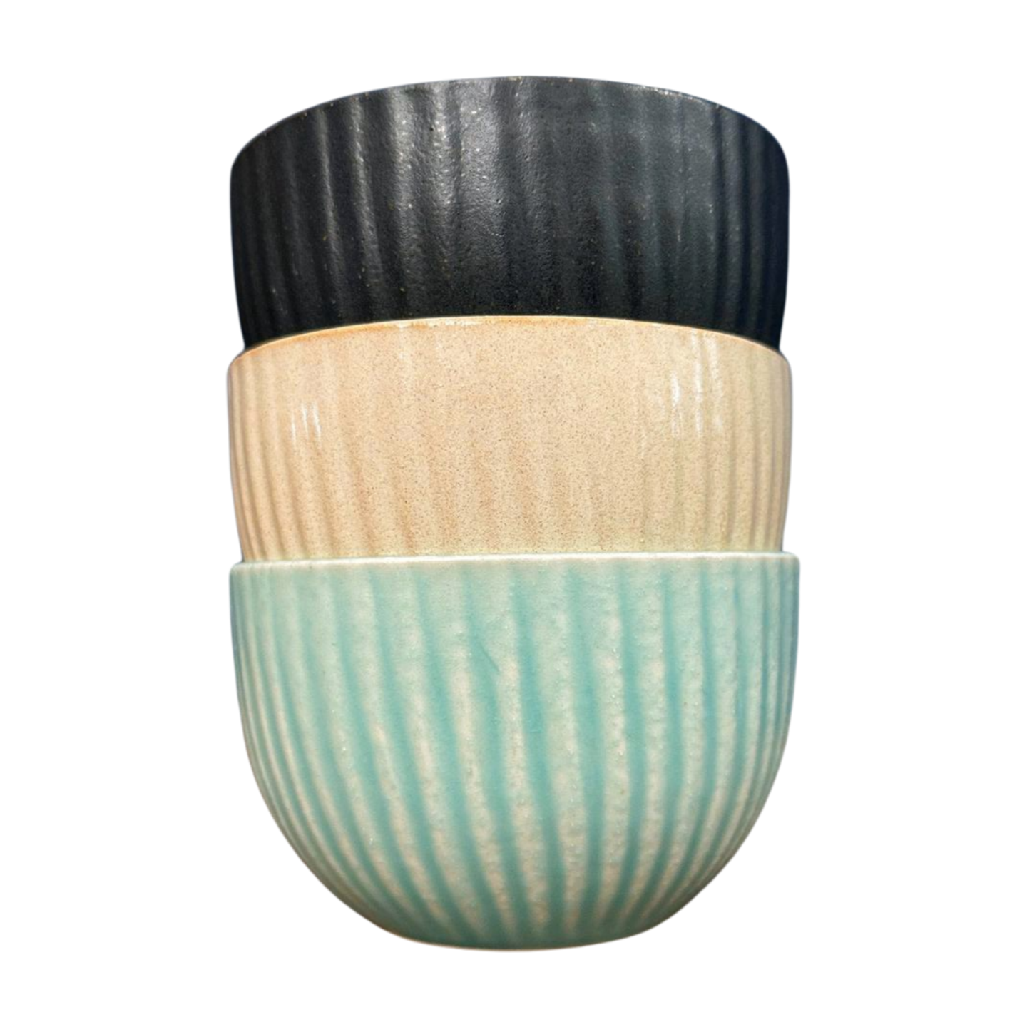 Set of three Japanese Rice Bowls, stacked. Shown in three colors: black, ivory, and aqua.