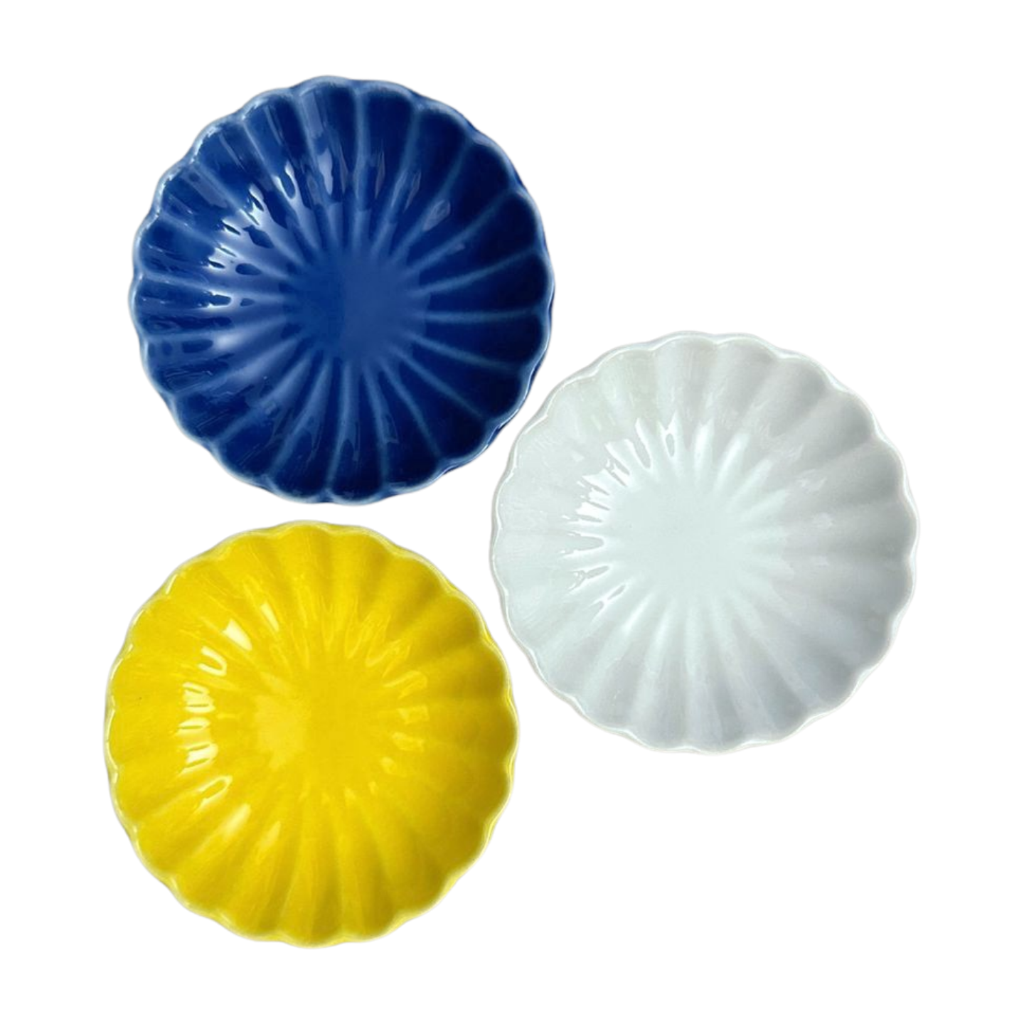 Set of three Japanese Sauce Plates in blue, yellow, and white.