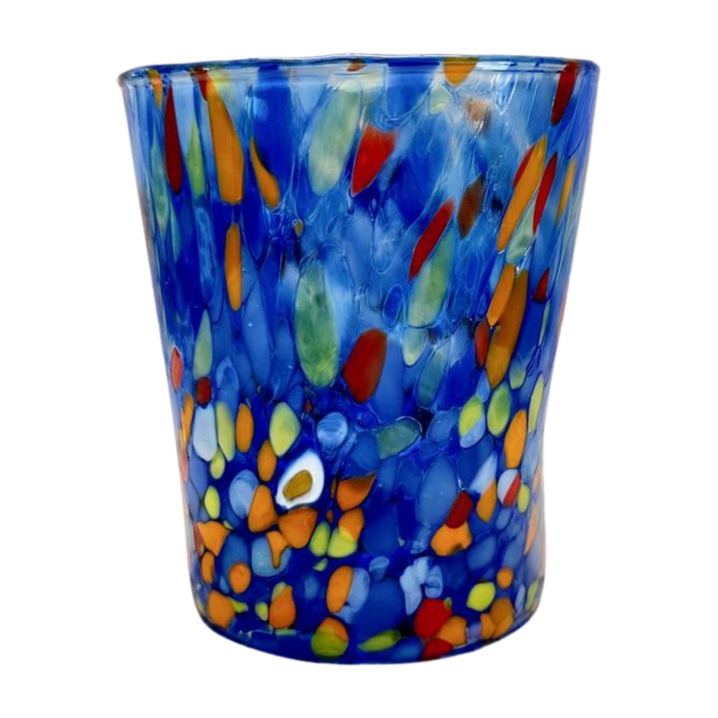 Murano glass tumbler featuring a classic blue design. Heavy and durable, this glass is perfect for serving any beverage.