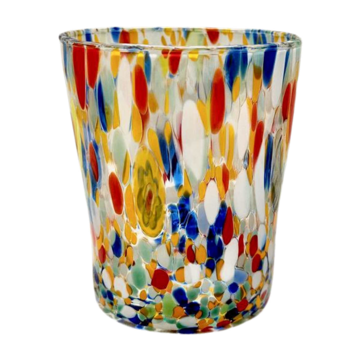 Murano glass tumbler featuring a multicolor design. Heavy and durable, this glass is perfect for serving any beverage.