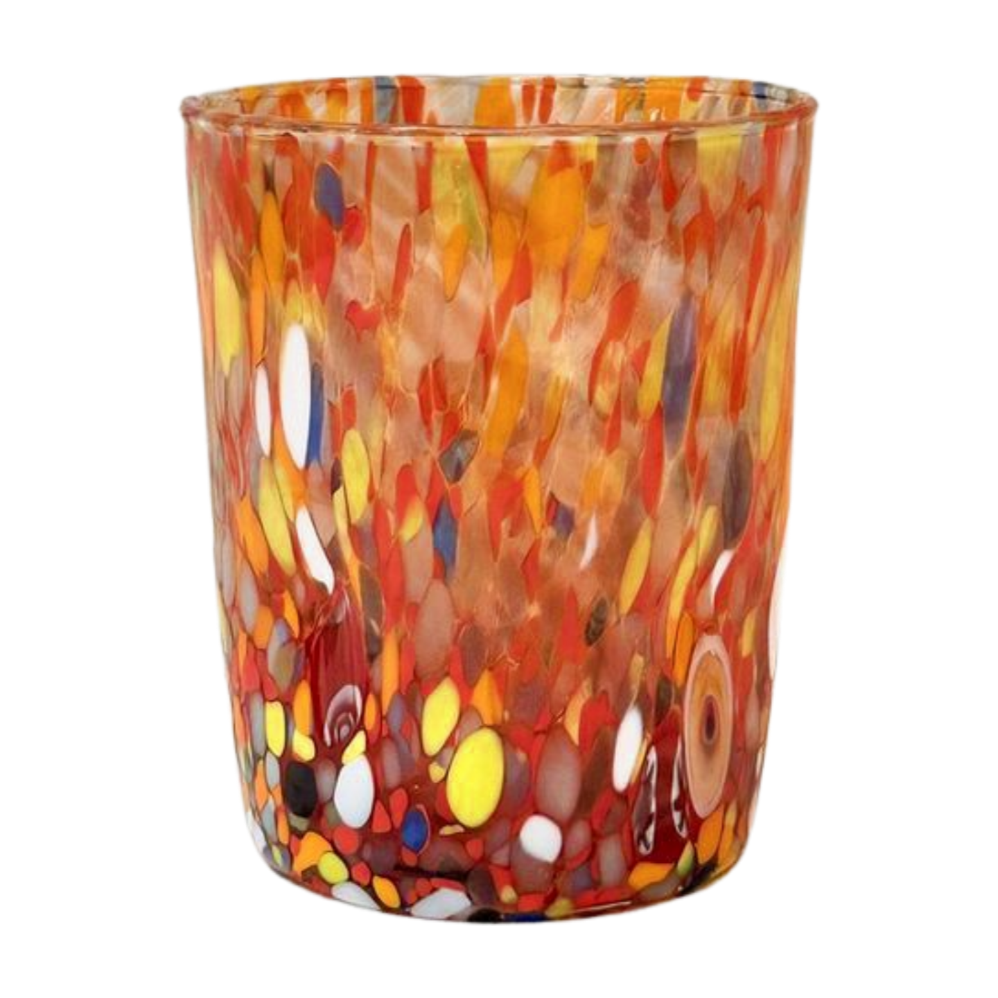 Murano glass tumbler featuring a red design. Heavy and durable, this glass is perfect for serving any beverage.