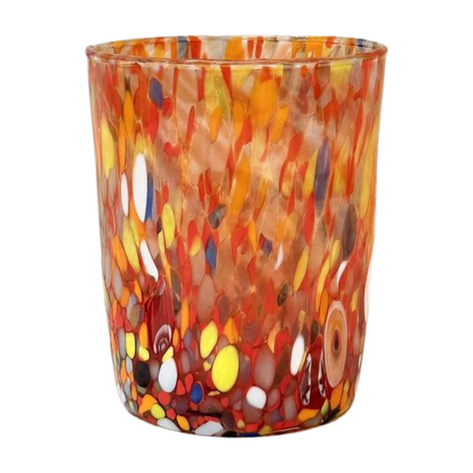 Murano glass tumbler featuring a red design. Heavy and durable, this glass is perfect for serving any beverage.