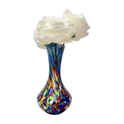 Murano Glass Vase in a classic blue design. Shown here with flowers for size. Hand-blown in Italy.