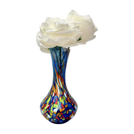 Murano Glass Vase in a classic blue design. Shown here with flowers for size. Hand-blown in Italy.