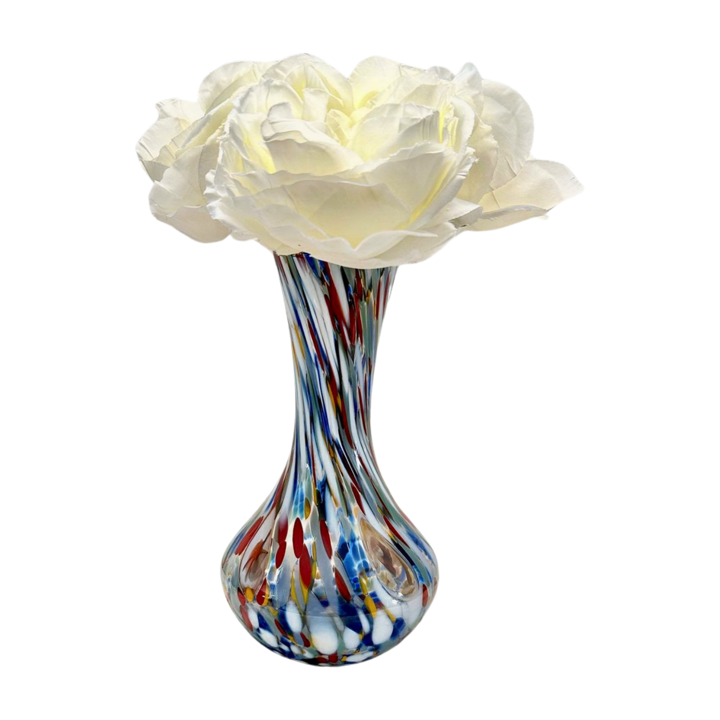 Murano Glass Vase in multicolor design. Shown here with flowers for size. Hand-blown in Italy.