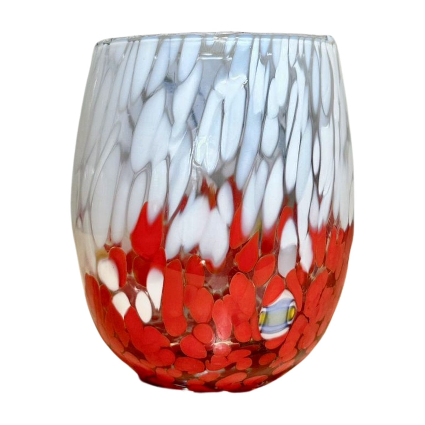 Stemless Murano Wine Glass, Two-Tone shown in red.