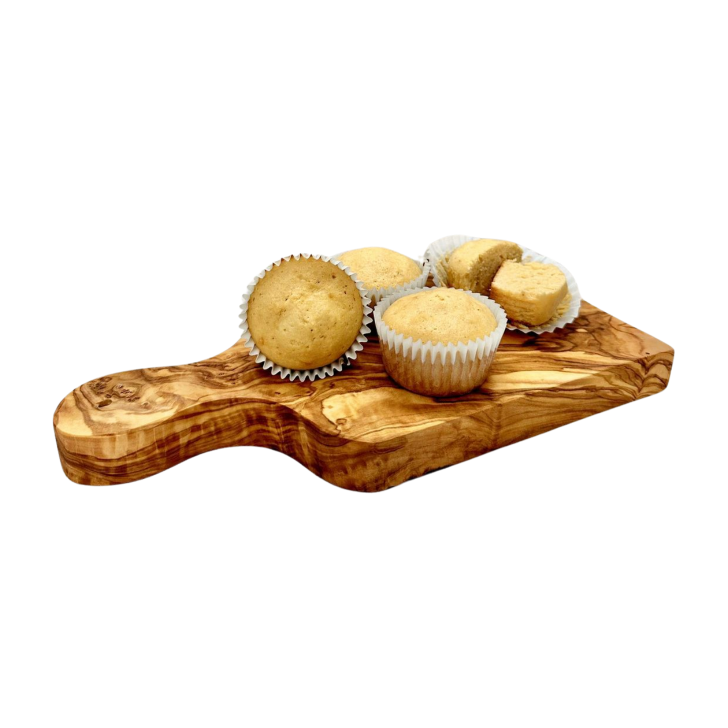 Small olive wood charcuterie board. Imported from Germany. Pictured here with muffins.