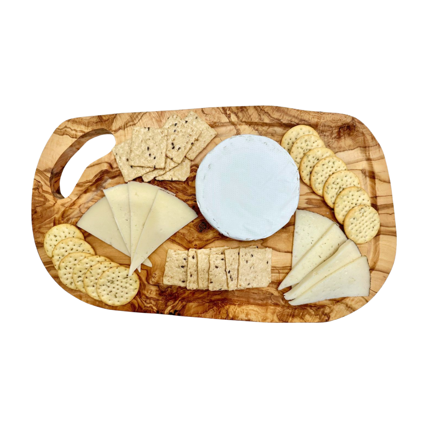 Large olive wood carving board, shown here being used for charcuterie with a selection of cheeses and crackers. Imported from Germany.