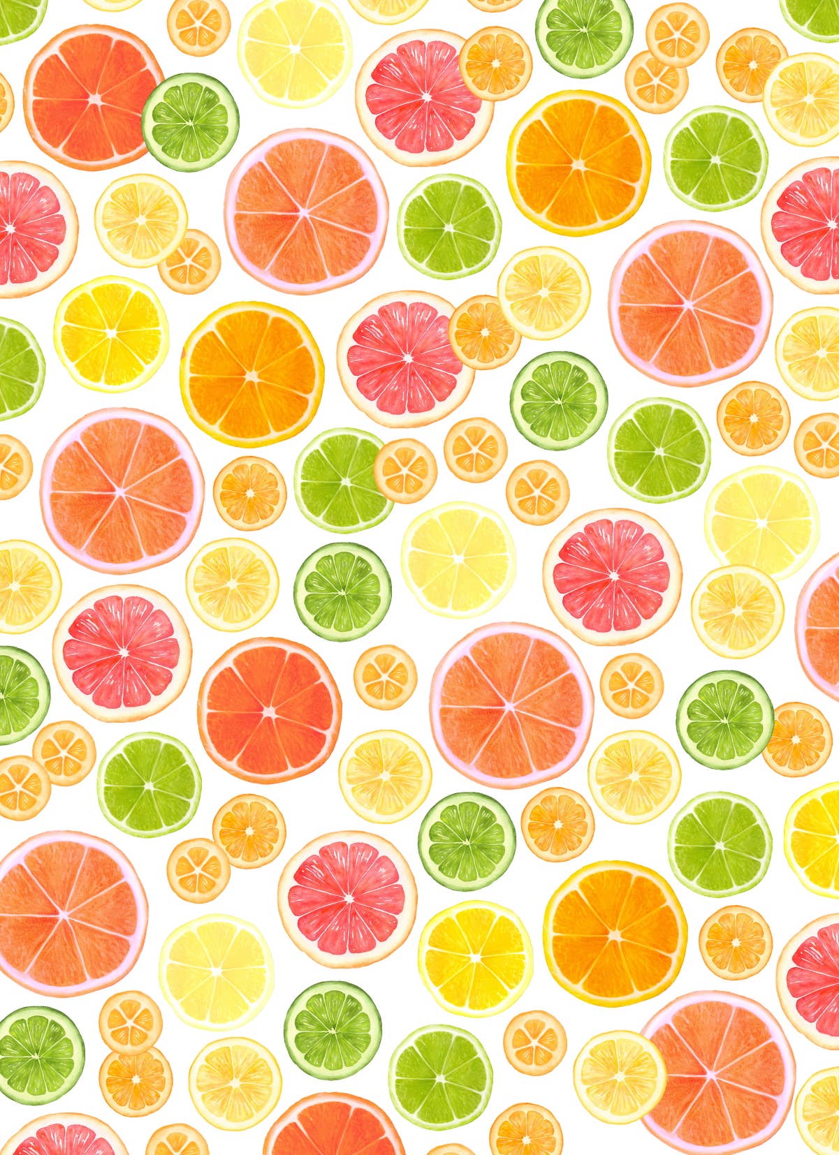An up-close photo of the Citrus Kitchen Towel pattern, featuring citrus slices in orange, yellow, green, and pink.
