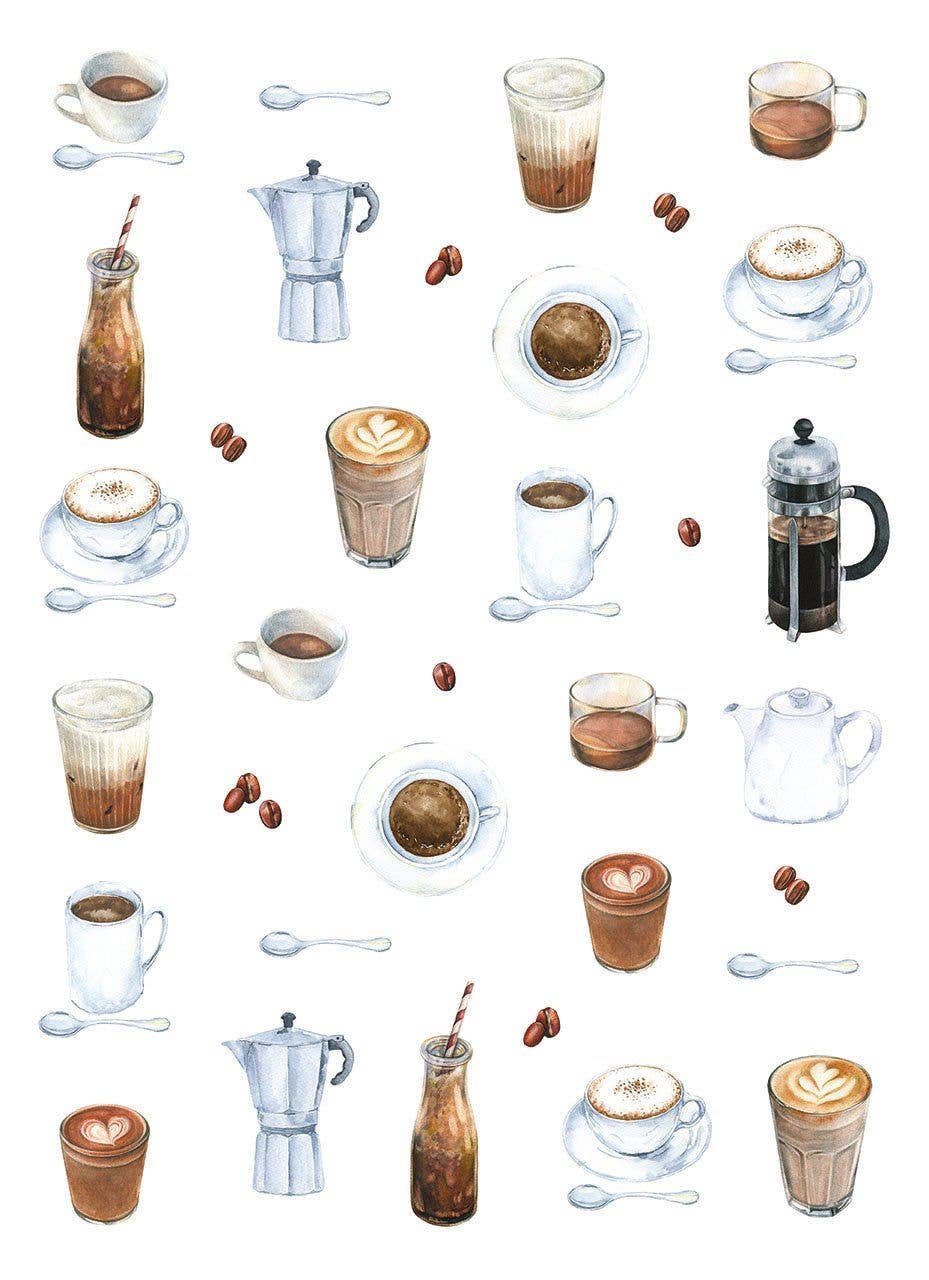 An up-close view of the Coffee Kitchen Towel design, featuring cups of coffee, coffee beans, espresso pots, and more.